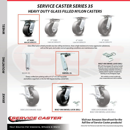Service Caster 4 Inch Glass Filled Nylon Swivel Caster Swivel Locks 2 Brakes SCC, 2PK SCC-35S420-GFNR-BSL-2-SLB-2